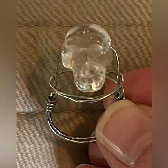 Clear Quartz Silver Wire Wrapped Skull Ring - Picture 2 of 4